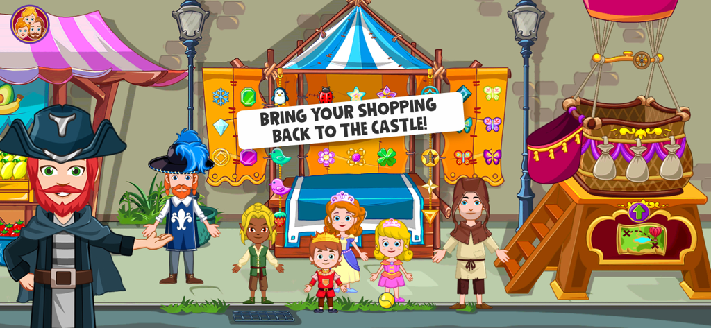 Cartoon characters at an outdoor shopping stall with a hot air balloon in the My Little Princess Stores app
