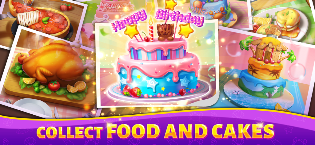 Bingo Rush - Club Bingo Games - Bingo Rush mobile game screenshot showing a collection of decorative food and birthday cakes with text reading collect food and cakes