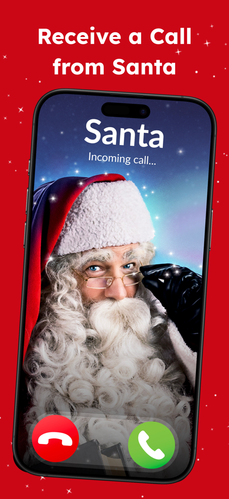 Call Santa Claus with PNP - A mobile phone screen showing an incoming call from Santa Claus with green answer and red decline buttons.