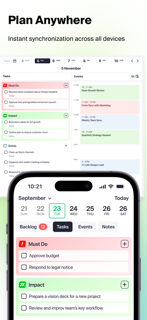 Tagesplaner-App zeigt sofortige Aufgabensynchronisierung zwischen mobilen und Desktop-Bildschirmen