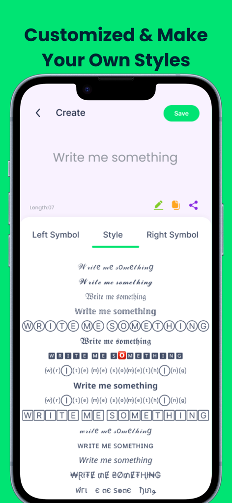 App-Bildschirm, der mehrere stylische Schriftarten und Anpassungswerkzeuge zur Erstellung einzigartiger Gamer-Spitznamen zeigt.