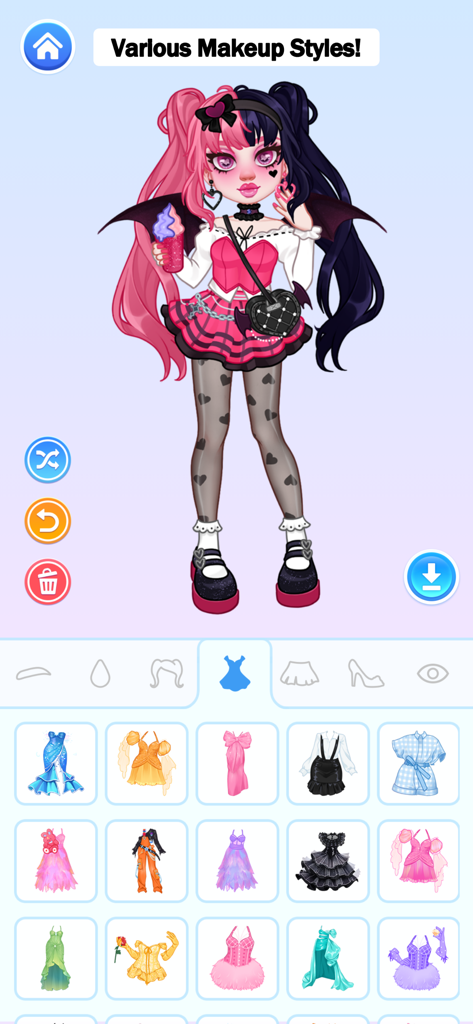 Dress up interface in YoYa Doll Avatar Maker with a gothic style character and outfit options