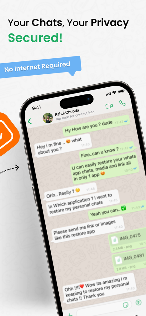 WT Backup & Restore - StoryBox - Interfaz de la aplicación que muestra la restauración segura de chats de WhatsApp y protección de privacidad en un iPhone