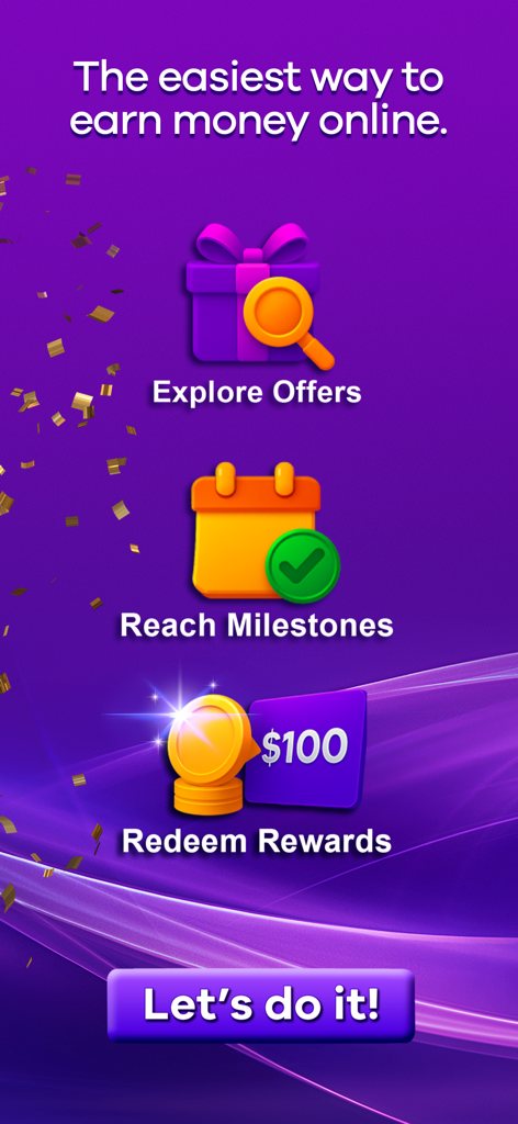 Three simple steps to earn money online by exploring offers reaching milestones and redeeming rewards on the Playful Rewards app