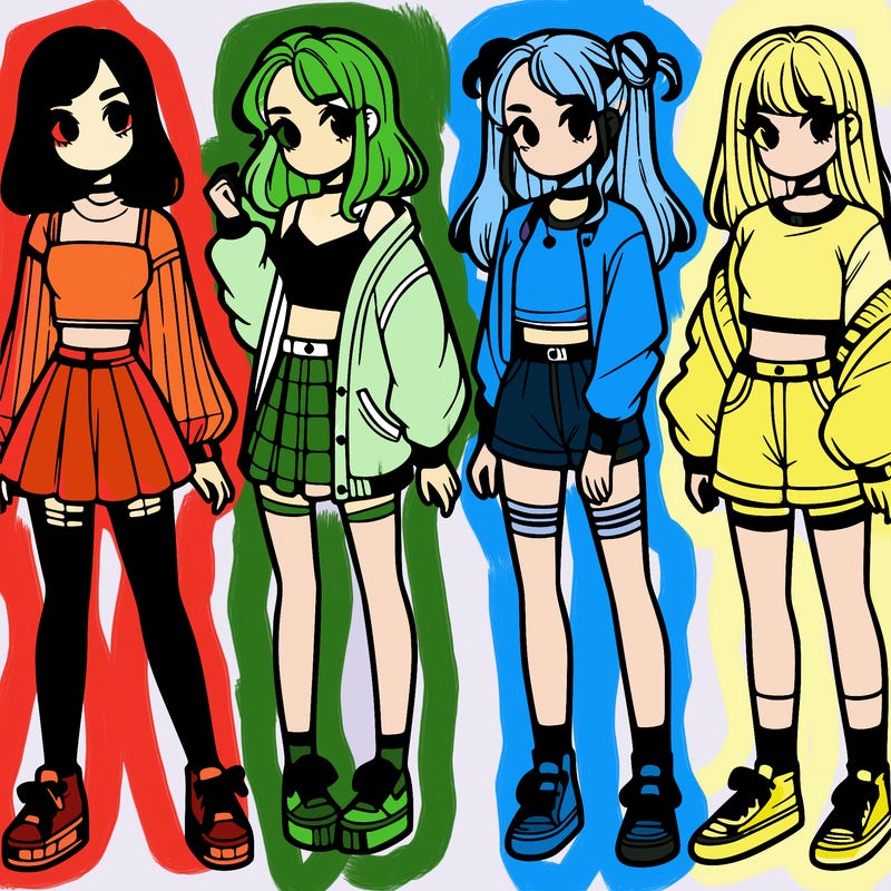 one girl with crop-top shirt and a jacket with a skirt, long socks and another girl with a shirt and pants with a jacket