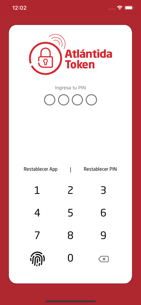 Atlántida Token - Atlantida Token app login screen with PIN entry and biometric authentication icon