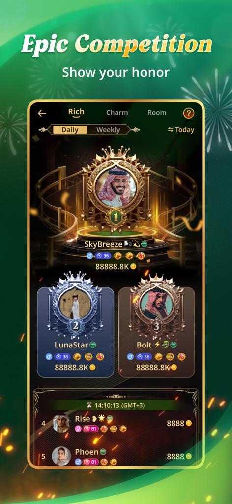 Sama Chat - Tabla de clasificación de la aplicación Sama Chat que muestra a los mejores usuarios clasificados con insignias de estatus digital y puntos de honor.