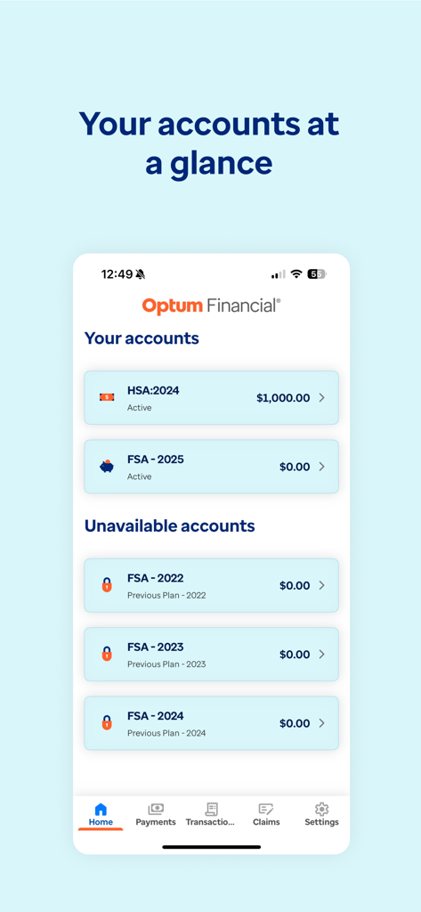 Optum Financial - Optum Financialアプリのホーム画面。HSAおよびFSAアカウントの残高が一目でわかります。