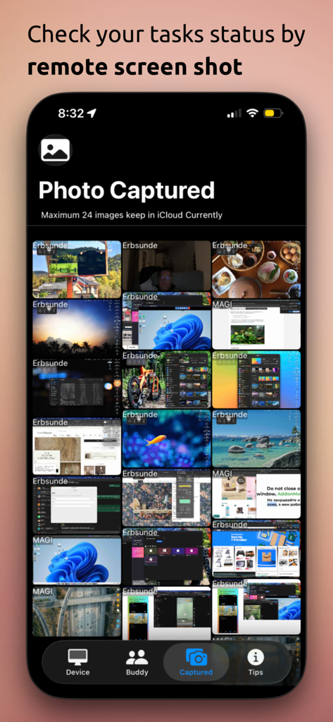 myAddress - Monitoring Tools - Una cuadrícula de capturas de pantalla remotas de Mac dentro de la aplicación myAddress utilizada para monitorizar el estado de las tareas del ordenador y la actividad de la pantalla.