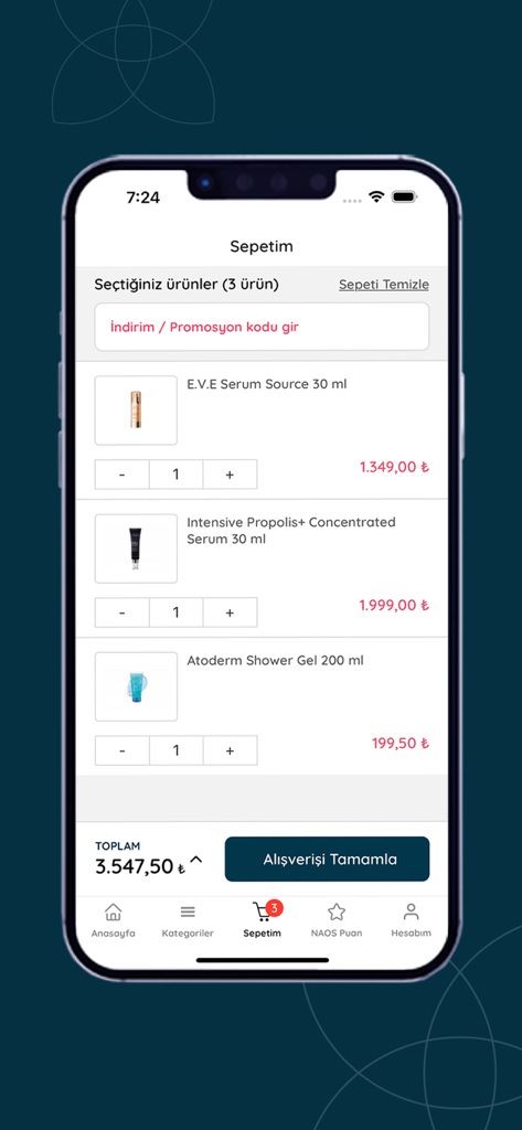 Naos Stars - Naos Starsアプリのショッピングカート画面にスキンケア製品と合計金額が表示されています