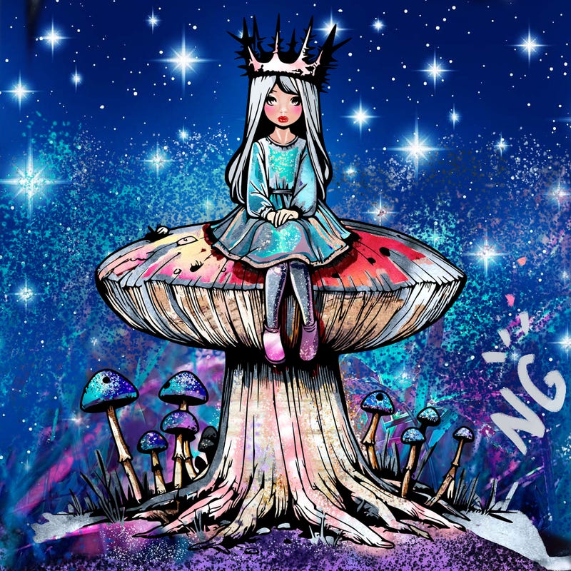 realistic girl sitting on a huge tree stump size toadstool with thorn crown