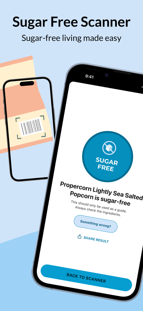 Sugar Free Scanner - Sugar Free Scanner app displaying a sugar-free result for a scanned popcorn product