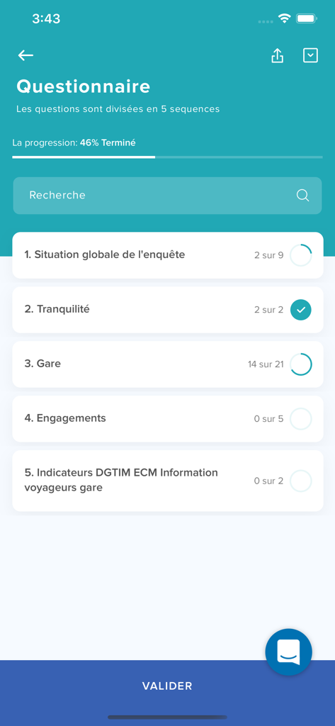 A mobile app interface from Smice showing a mission questionnaire divided into five sequences with progress indicators for each task.