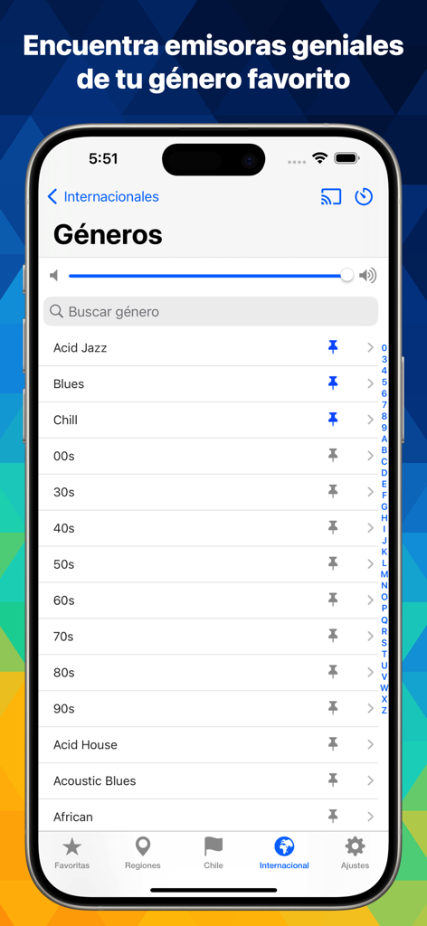 Radio Chile: Escucha En Vivo - Uno screenshot dell'app Radio Chile che mostra un elenco ricercabile di generi musicali tra cui jazz blues e chill nella sezione internazionale