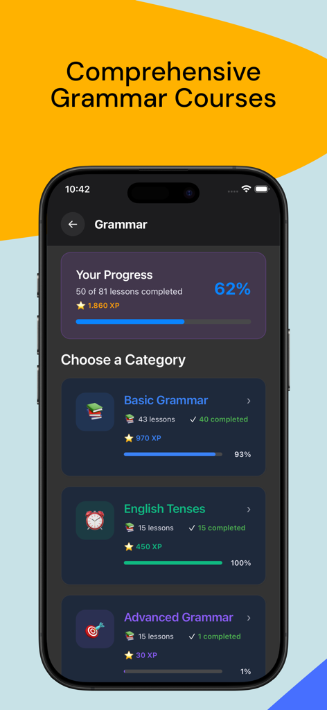 Un écran d'application mobile montrant les catégories de cours de grammaire anglaise et le suivi des progrès des leçons