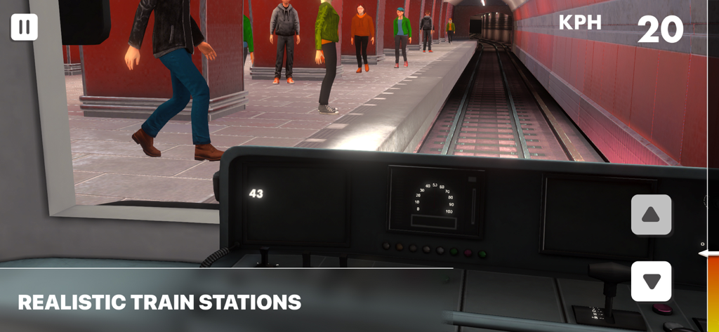 Vista do condutor da cabine do comboio numa estação subterrânea realista no Simulador de Metro de Praga.