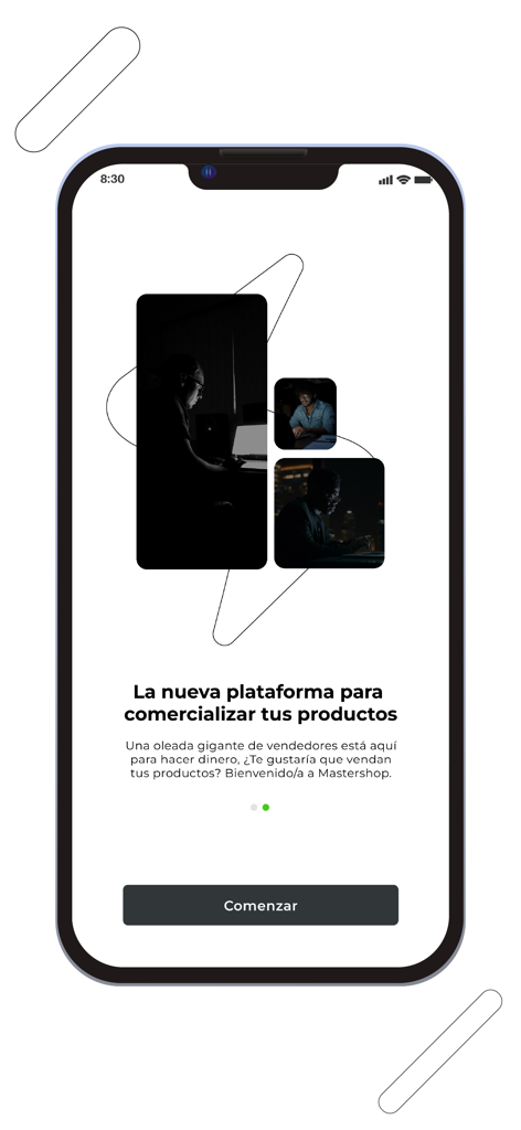 Tela de onboarding do aplicativo Mastershop mostrando uma mensagem de boas-vindas em espanhol e um botão para começar