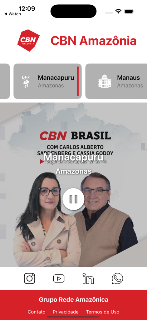 CBN Amazônia - Interface of the CBN Amazônia app displaying live radio streaming from Manacapuru and Manaus