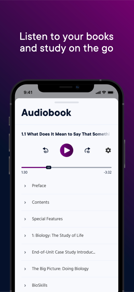 Pearson plus App Hörbuch-Oberfläche zum Anhören von Lehrbüchern unterwegs