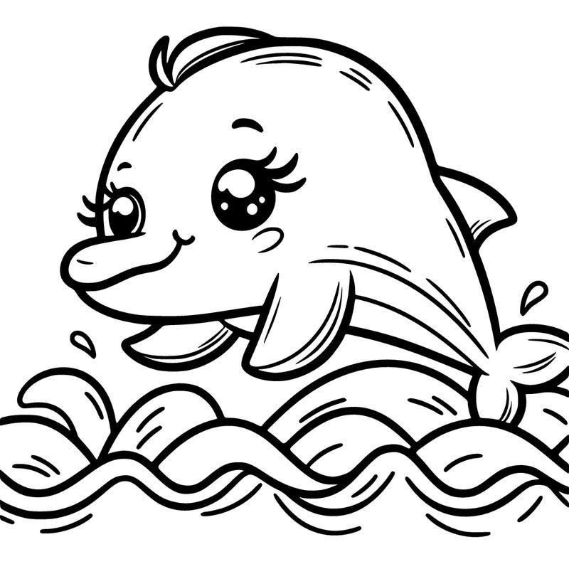 cute dolphin, smiling, long eyelashes, jumping over sea waves