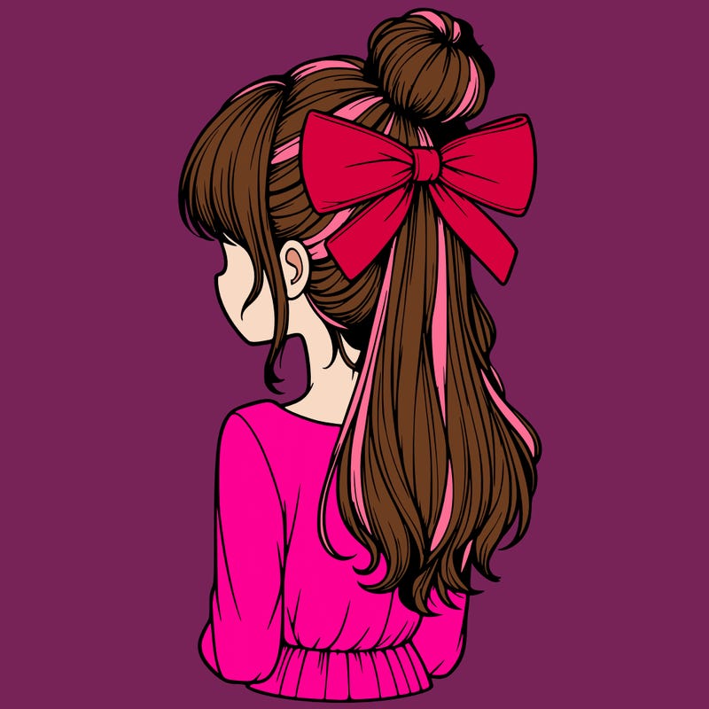 realistic girl  with hip length hair a bun and a big bow on the back of head