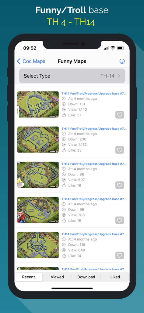 Maps for Clash Of Clans - Screenshot of the Funny Maps section in the Maps for Clash of Clans app showing various creative and troll base layouts.