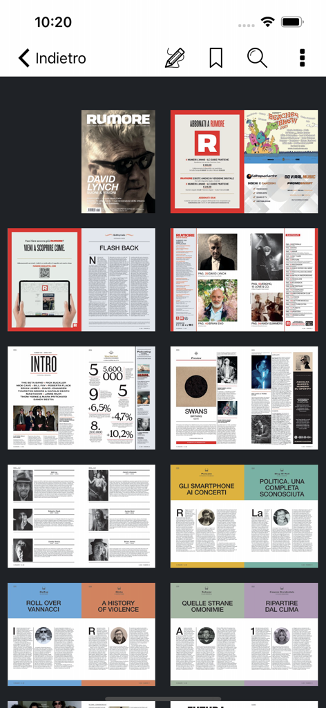 Grid layout of digital magazine pages in the Rumore app displaying articles about music and culture
