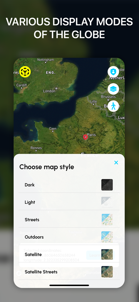 Interface of Live Earth Map 3D app showing the map style selection menu with options like satellite streets and outdoors over a satellite view of Europe
