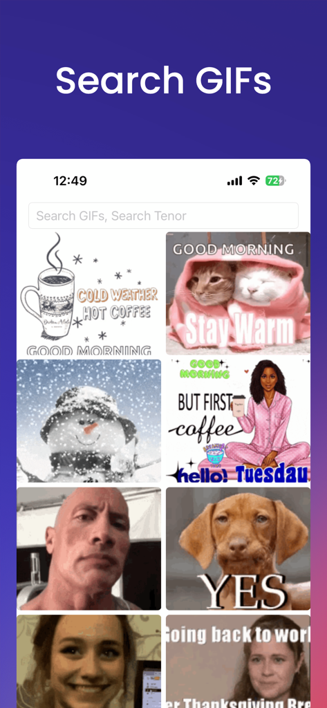GIFFF app interface showing a search bar and a grid of popular trending GIFs including cats and memes.