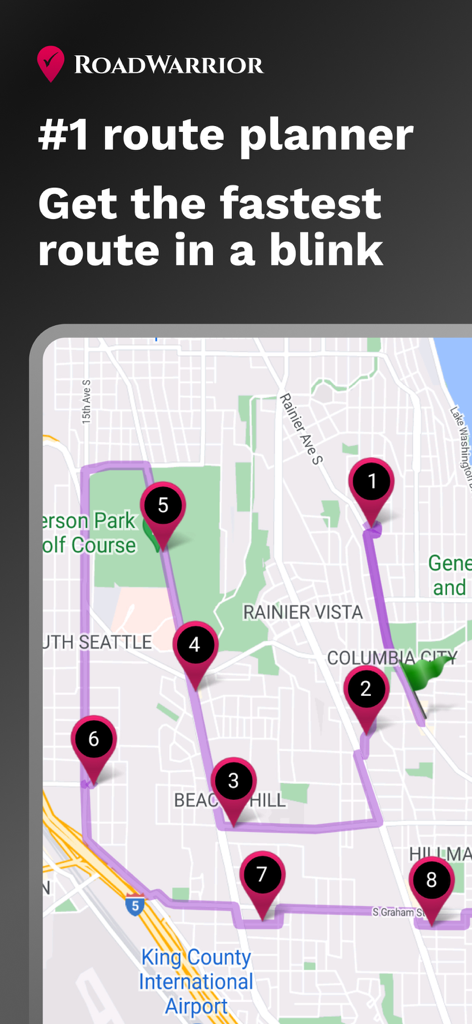 RoadWarriorアプリのインターフェース。最適化された複数ストップルートが表示された地図。