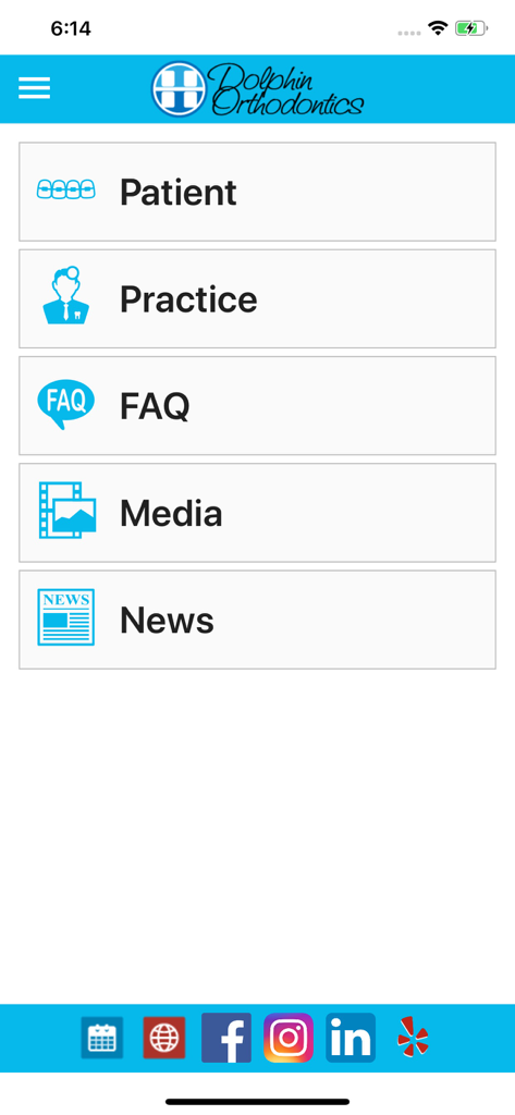 Dolphin MyOrthodontist - Main menu screen of the Dolphin MyOrthodontist app showing patient and practice navigation buttons