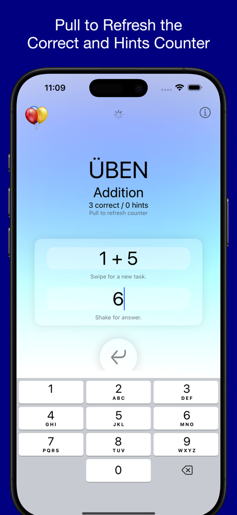 Üben - Addition - A simple mobile app interface for children practicing addition showing the math problem one plus five with a number keypad