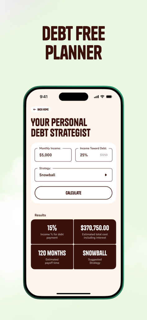 Borrow Money: Wolf Processing - Mobile app screen showing the personal debt strategist tool with income and debt payment calculations using the snowball method