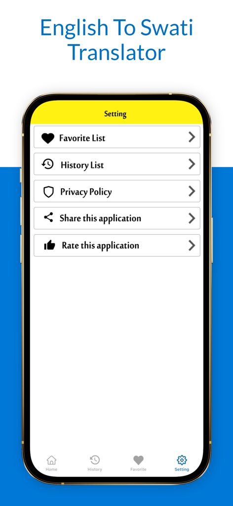 English To Swati Translator - The settings menu of the English to Swati Translator app featuring favorite list and history options