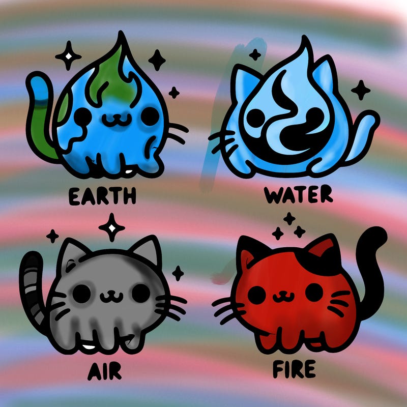 4 cats that represent the different elements, earth, water, air, and fire