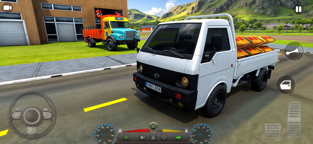 Pak Transport Truck Drive 3D - Gameplay screen of Pak Transport Truck Drive 3D showing a white mini truck parked on a paved road.