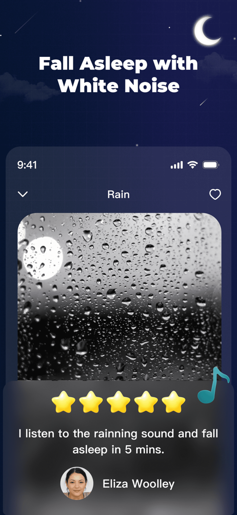 Captura de tela do aplicativo Sleep Brain mostrando o recurso de ruído branco com um som de chuva e um depoimento de usuário de cinco estrelas.