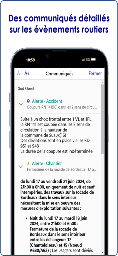 Bison Fute mobile app screen displaying detailed road traffic bulletins and accident alerts in France