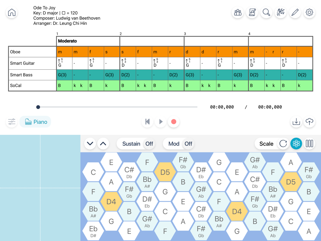 e-Orch - e-Orch app interface showing grid notation music score and a hexagonal keyboard for playing Ode To Joy.
