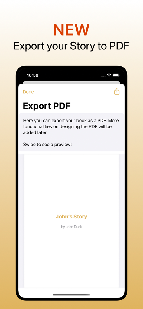 Write My Life Story - Interface of the Write My Life Story app showing the PDF export feature and a book cover preview titled John's Story.