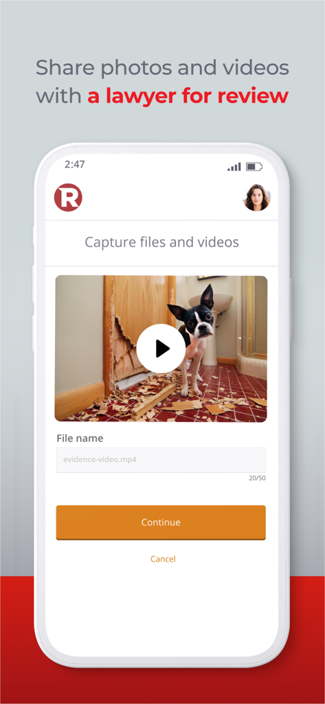 Mobile app screen showing a feature to upload photos and videos for a lawyer to review as evidence