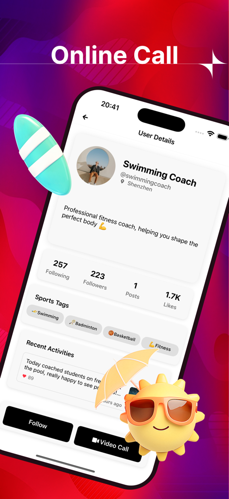 Nuvzy - Video Call，Social Hub - La pantalla de perfil de usuario de la aplicación móvil Nuvzy para un entrenador de natación que muestra etiquetas deportivas y un botón de videollamada.