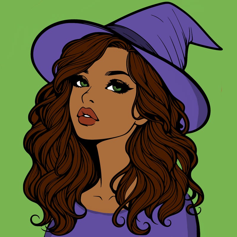 realistic witch girl with wavy hair and lips