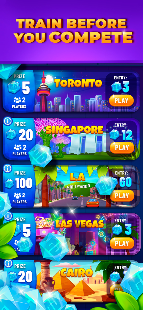 Menú de selección de torneos en Bingo Money con ciudades globales y montos de premios.