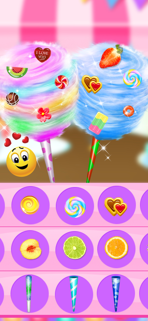 Candy Maker - Sweet Desserts - Colorful cotton candy decorated with fruit and candy toppings in a sweet dessert making game