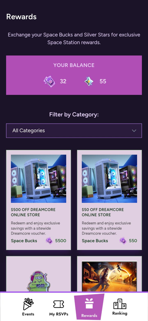 Space Station app rewards screen showing user point balance and available discount vouchers for gaming equipment