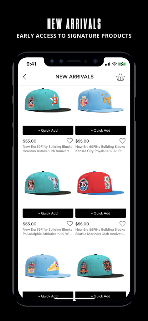 A mobile screen showing a selection of new arrival fitted hats on the Hat Club app.