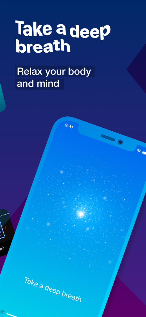 A smartphone showing a deep breathing exercise on the Practico meditation app with a starry blue background and text that reads Take a deep breath.