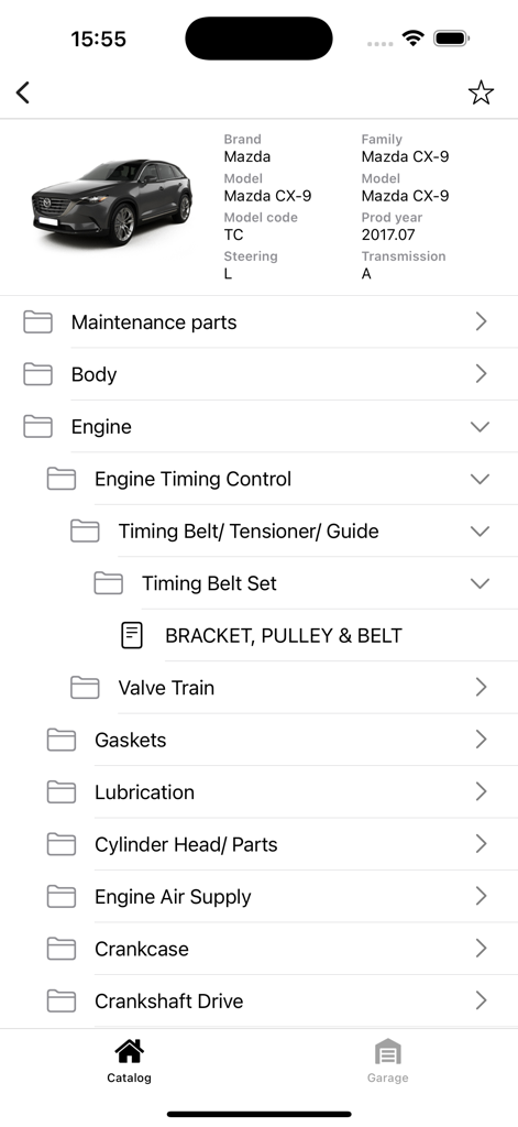 Mobile App-Oberfläche, die Mazda CX-9-Motorteilekategorien anzeigt, einschließlich Zahnriemen und Wartungsabschnitten