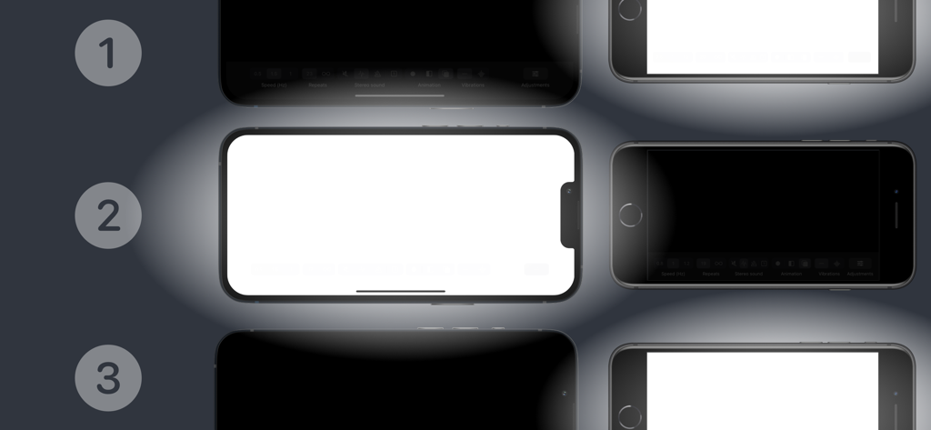 Una sequenza di schermate iPhone che dimostrano la stimolazione visiva bilaterale nell'app EMDR.